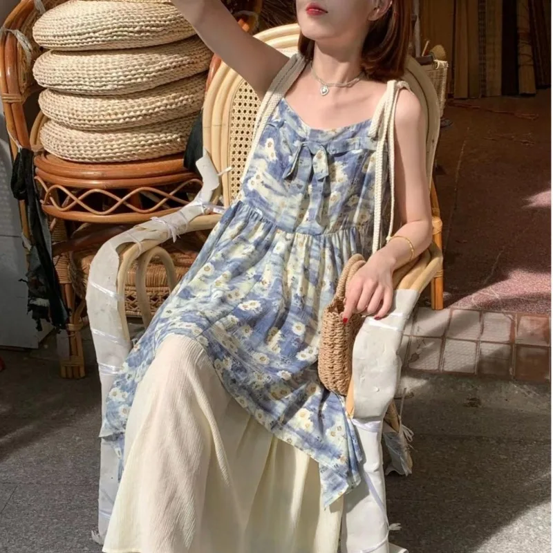 Sweet Prairie Chic Style Blue Floral Dress for Women Summer Irregular Contrast Adjustable Suspender Fashionable Long Dress