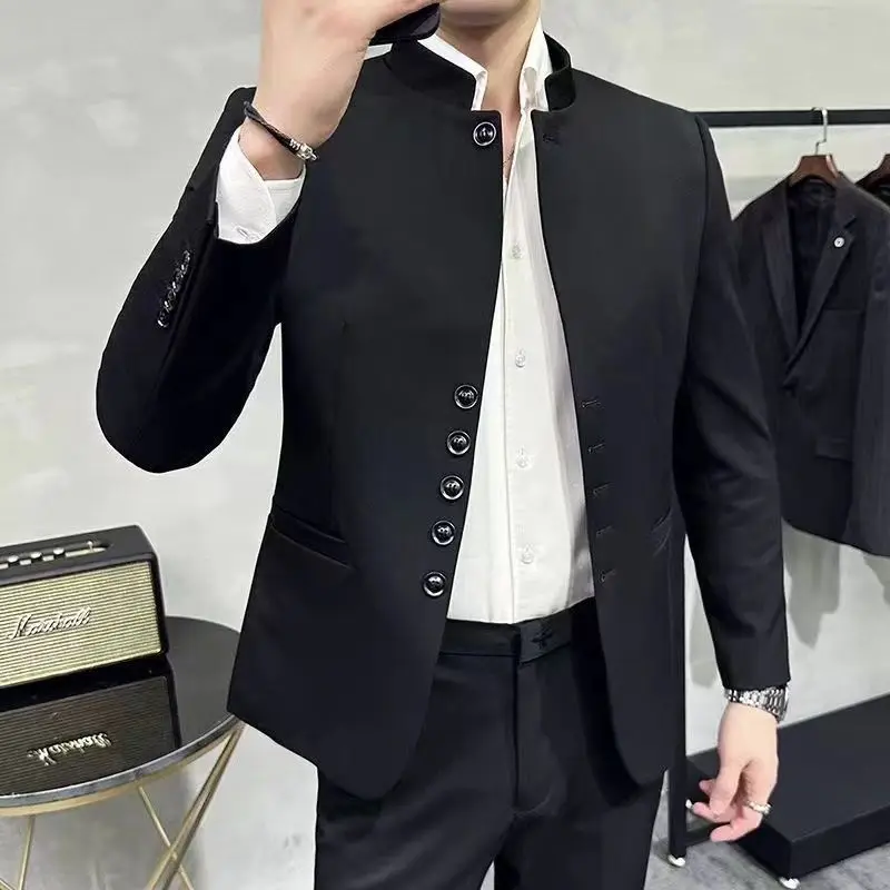 2-A17  New Chinese style suit men's jacket, high-end, handsome, stand-up collar suuy casual, high-end collarless youth tunic s