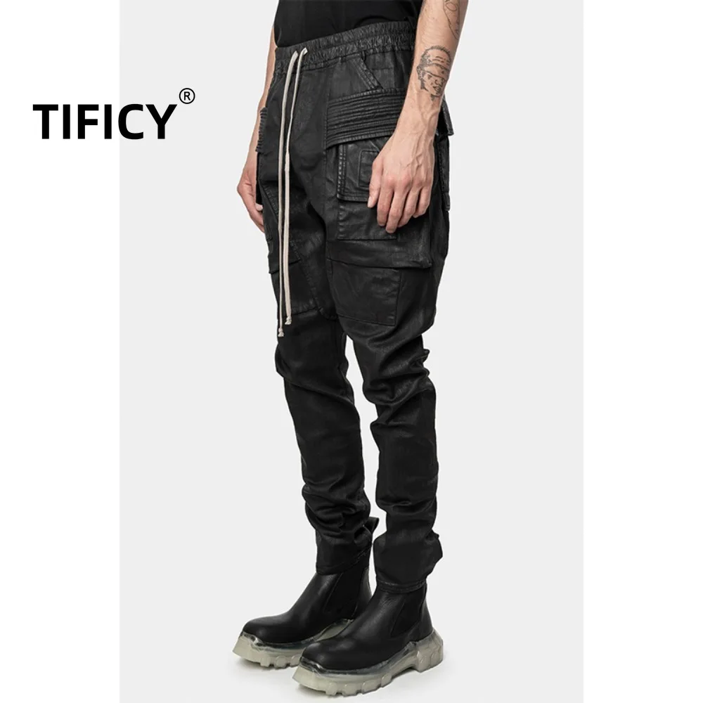 High Street Pants Men's Classic High Street Dark Style Brushed Wax Coating Double Ring Workwear Casual Loose Straight Leg Pants