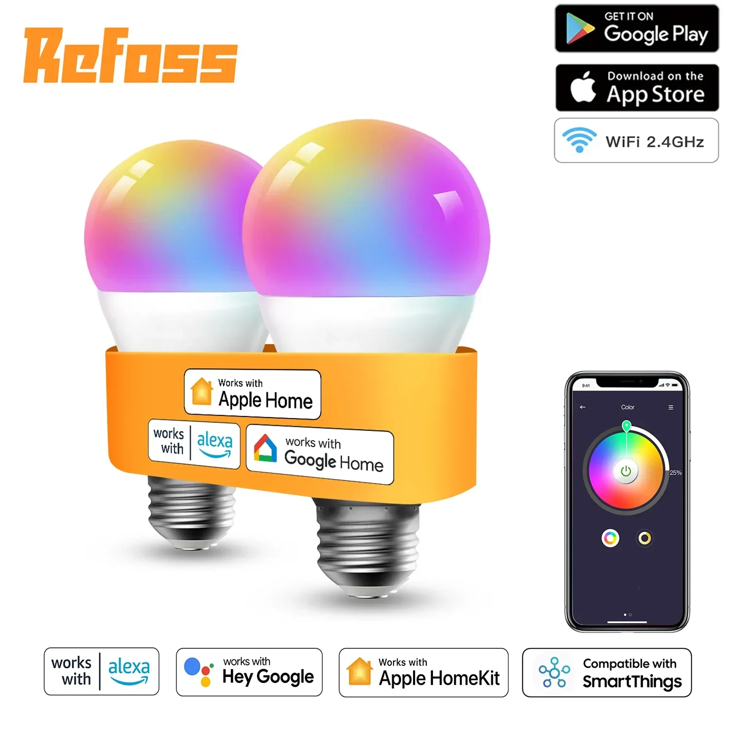 

Refoss Homekit Smart Bulb WiFi Light Bulb LED Lamp RGBWW Dimmable E27 9W(60W Equivalent) Support Alexa Google Home