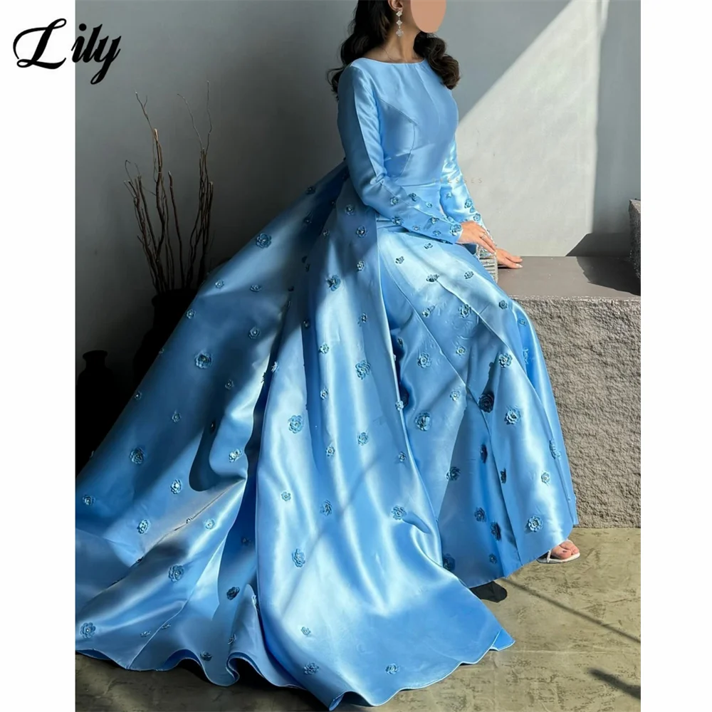 Lily Blue รอบคอชุดราตรีซาตินชุดราตรียาวชุด 3D ดอกไม้ Appliques Mermaid Train ชุดอย่างเป็นทางการที่กําหนดเอง