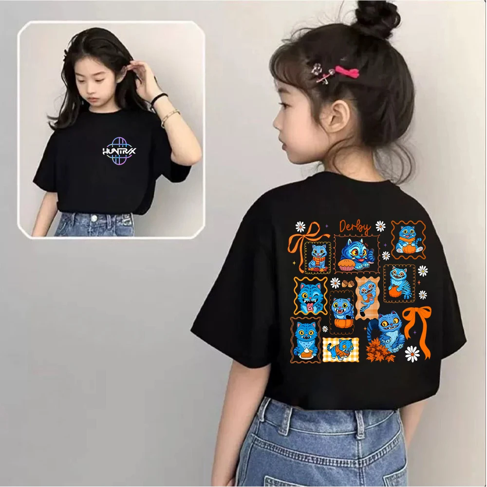 

Детская футболка с милым мультяшным дизайном в стиле KPop Demon Hunters, забавная футболка с графическим рисунком для мальчиков и девочек, идеально подходит для повседневной носки