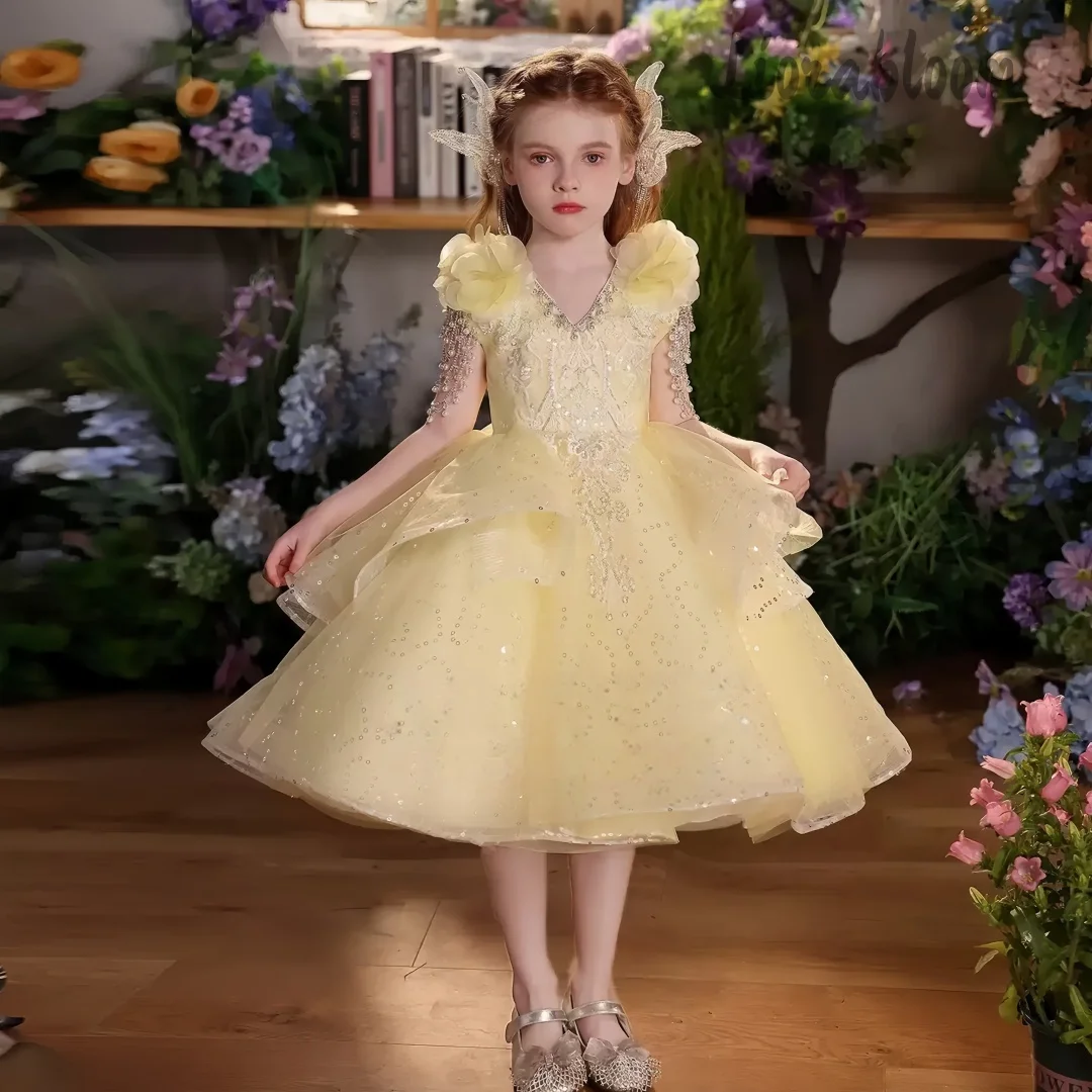 Gaun Formal Anak Perempuan Multi-Warna Kustom, Gaun Putri Tulle Kuning, Pakaian Pesta Pernikahan Wanita, Gaun Pernikahan