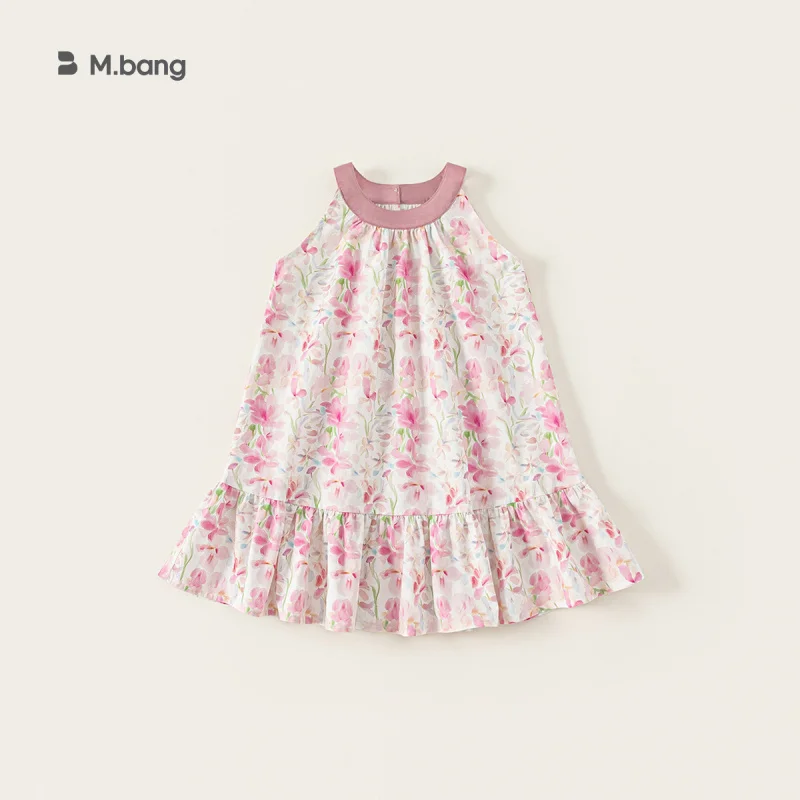 

Bangxuan children's clothing girls' dress, new summer product, pink floral sleeveless children's dress with halter neck for olde