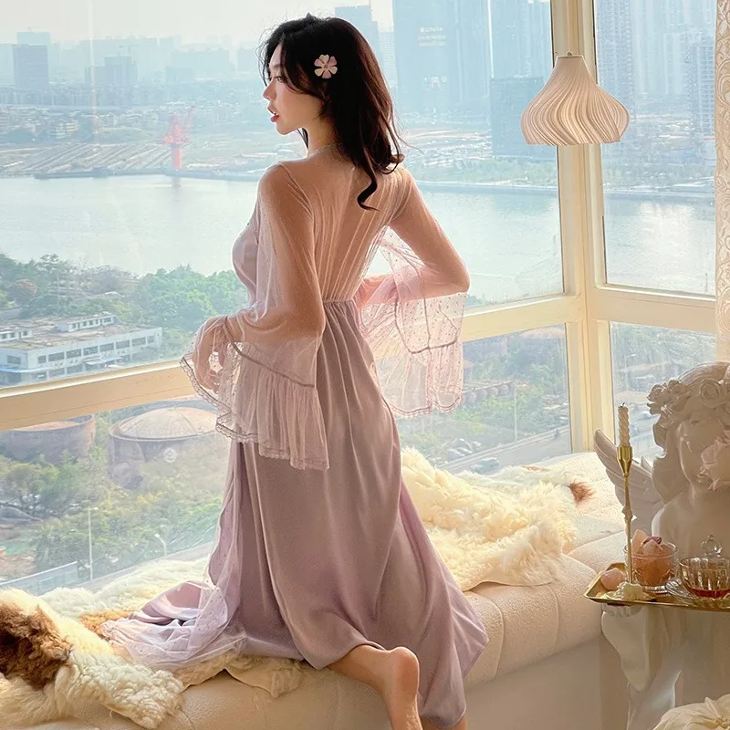 V-Neck Lace Nightdress Women Sleepwear Nightgown Dress Loungewear Summer Silky Satin Bathrobe Morning Gown Home Wear Clothes