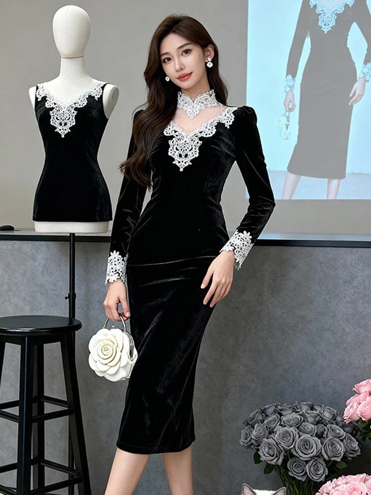 ชุดเดรสกำมะหยี่สีดำแขนพองทรงเข้ารูปความยาวปานกลาง คอสูงผ้าลูกไม้ซีทรู สไตล์หรูหราแบบเรโทร เหมาะสำหรับงานเลี้ยงค็อกเทล งานพรอม