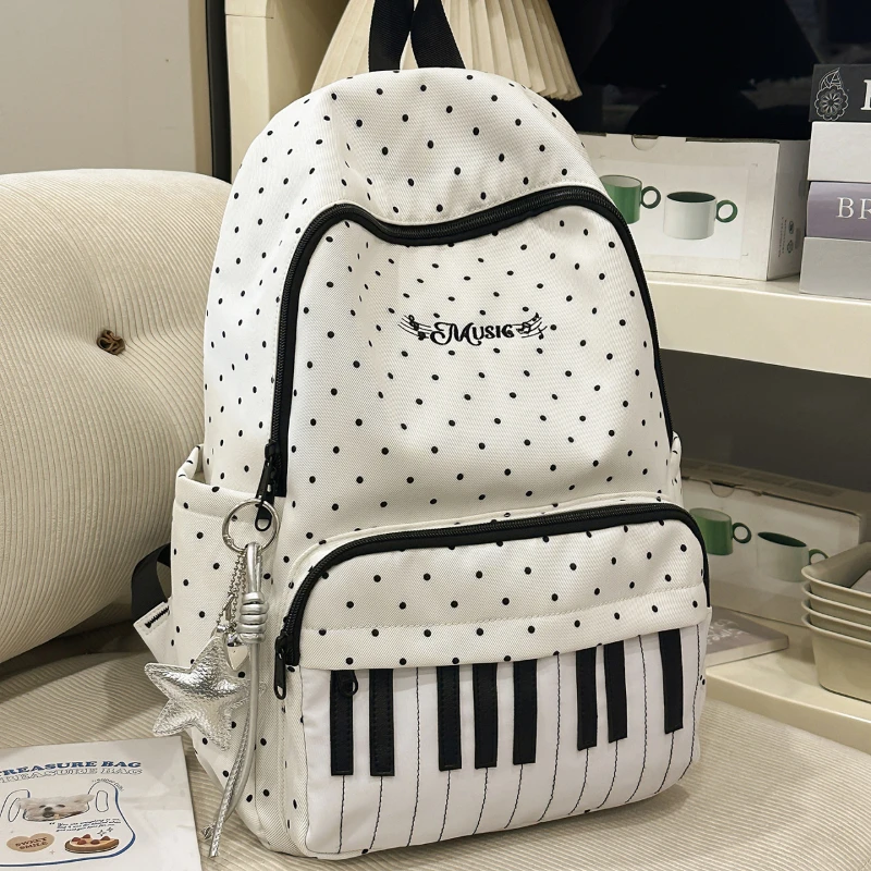 Piano Key Polka Dot Backpack Student School Bag Large Capacity Multiple Pockets Travel Laptop Bag Casual Lightweight Backpack
