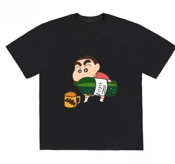 Miniso 2026 Urocza koszulka z nadrukiem Crayon Shin Chan, luźny krój, okrągły dekolt, krótki rękaw, modna odzież uliczna, hit sprzedaży