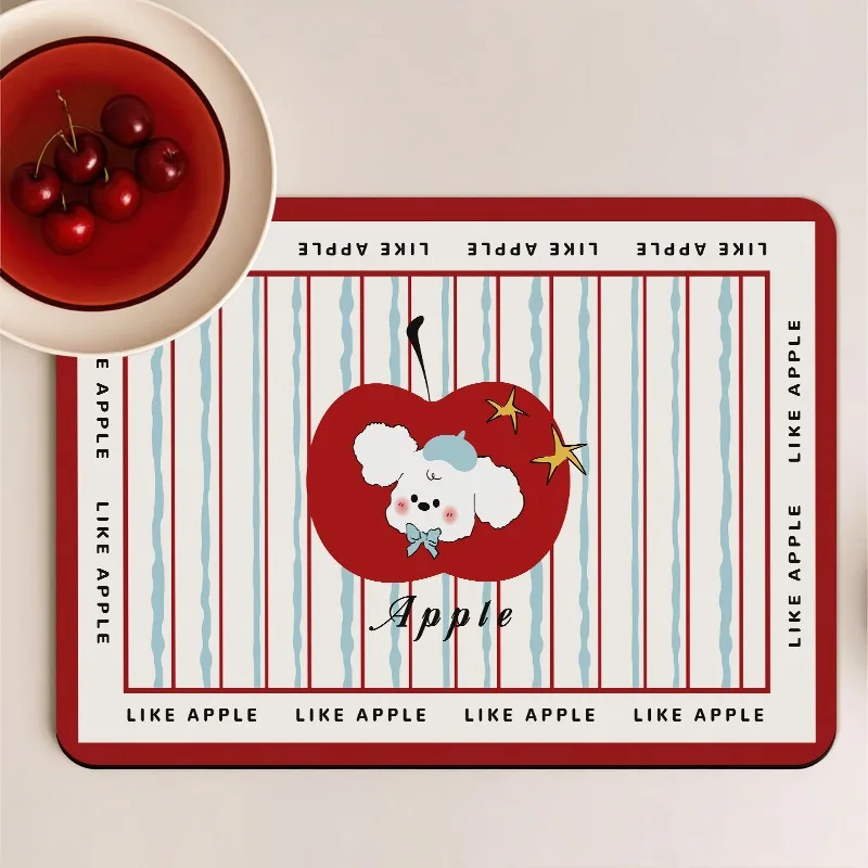 Lovely Apple Bichon Dog Kitchen Dish Drying Mat Non Slip Absorbent Tableware Dinnerware Coaster Draining Cushion for Home