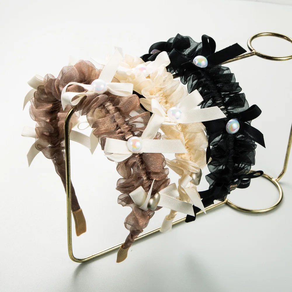 Korean Mesh Sweet All-Matching Girl Fairy Headband Women's Bow Inlaid Pearl Hair Accessories