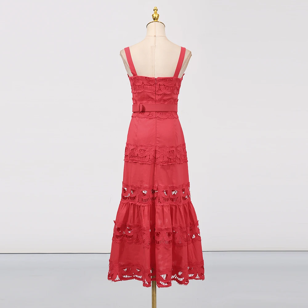 TWOTWINSTYLE Solide Aushöhlen Elegante Kleider für Frauen Square Neck Ärmellose Patchwork Spitze Kleid Weibliche Mode Kleidung Neue