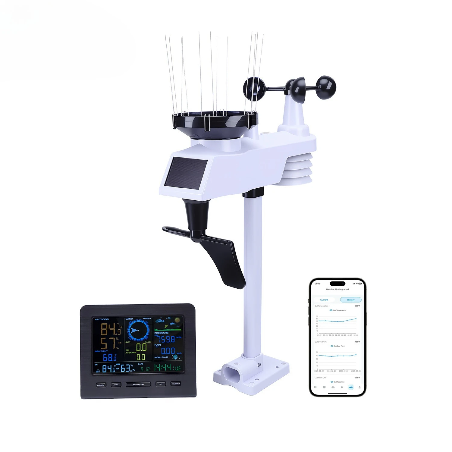 

With WiFi household temperature and humidity/wind speed/rainfall monitoring weather forecast equipment intelligent monitoring