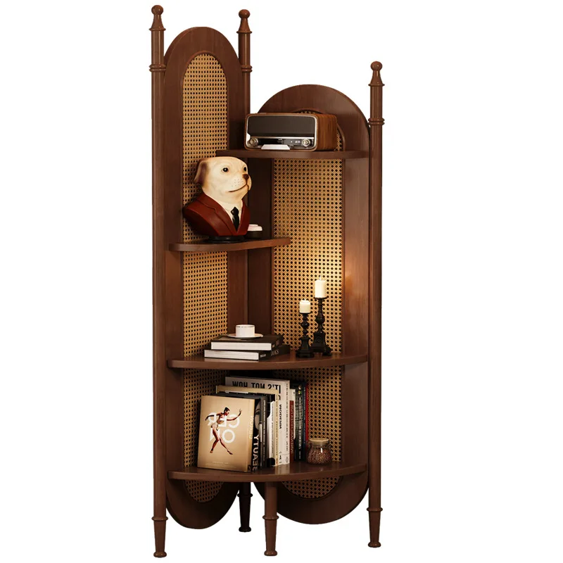 

Medieval solid wood rattan corner cabinet floor shelf French retro living room bookshelf balcony flower stand triangular cabinet