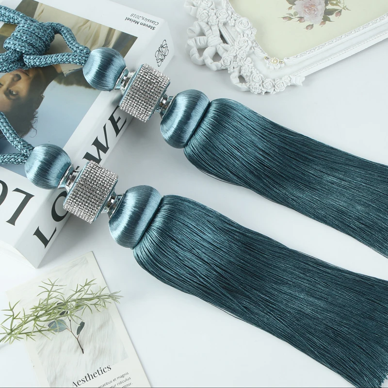 Luxury Curtain Tiebacks Balls with Diamonds Tassel, Simple Elegant Rope Holdbacks for Living Room Drapes Decor