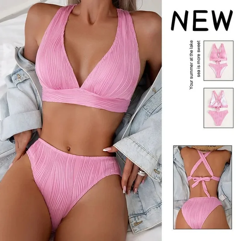 

Triangle Bikini Set for Women 2024 V Neck Halter Tie Back Summer Bathing Suit High Waisted Summer Two Piece Swimsuit
