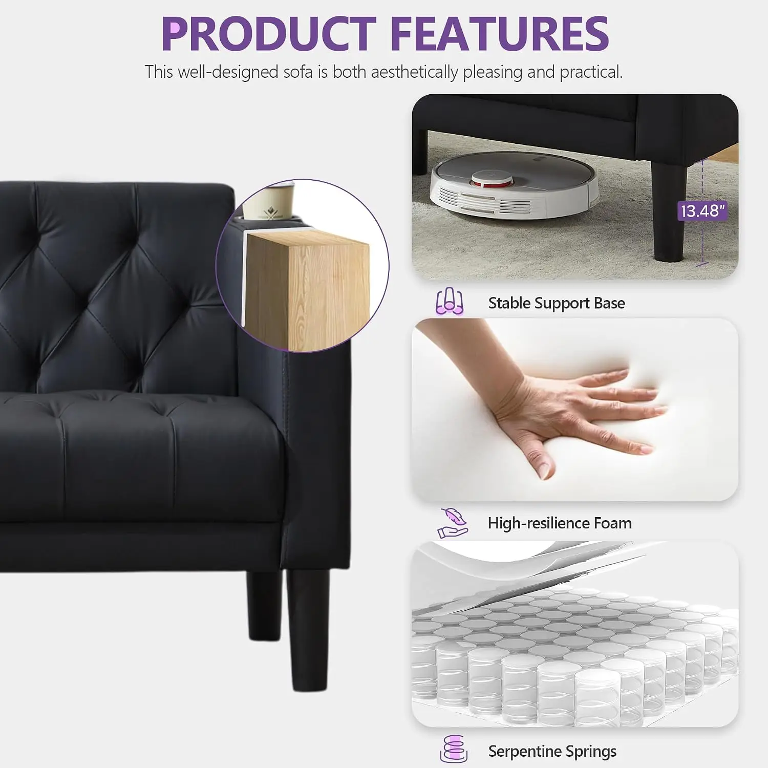 62'' Black Leather Loveseat, Small Couch with USB for Living Room