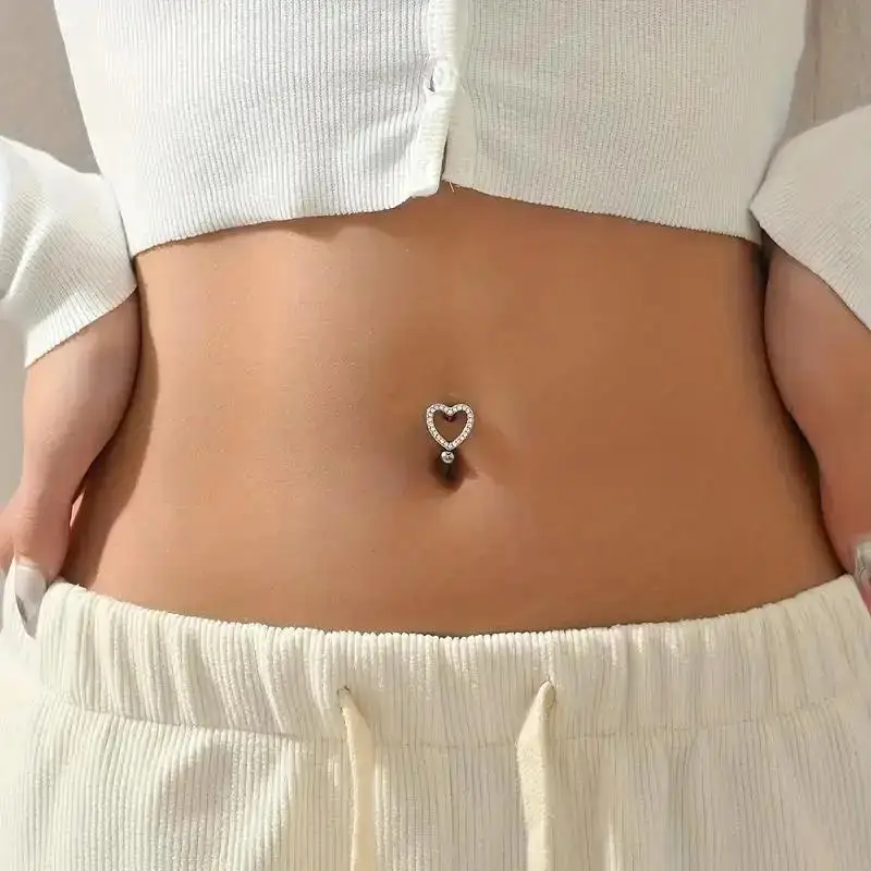 1pc Elegant Stainless Steel Belly Button Ring Women Hollow-Out Design Heart-Shaped Zirconia Navel Jewelry for Daily Wear Party
