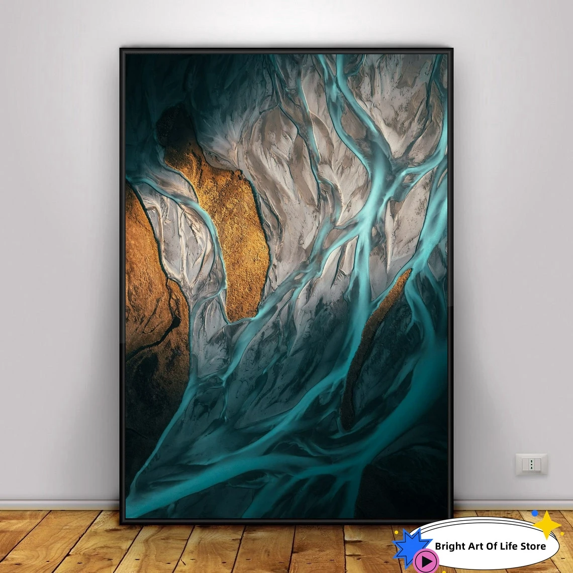 Blue braided rivers Print, Glacier river Wall Art Print, aerial photography print from Lake Tekapo, New Zealand