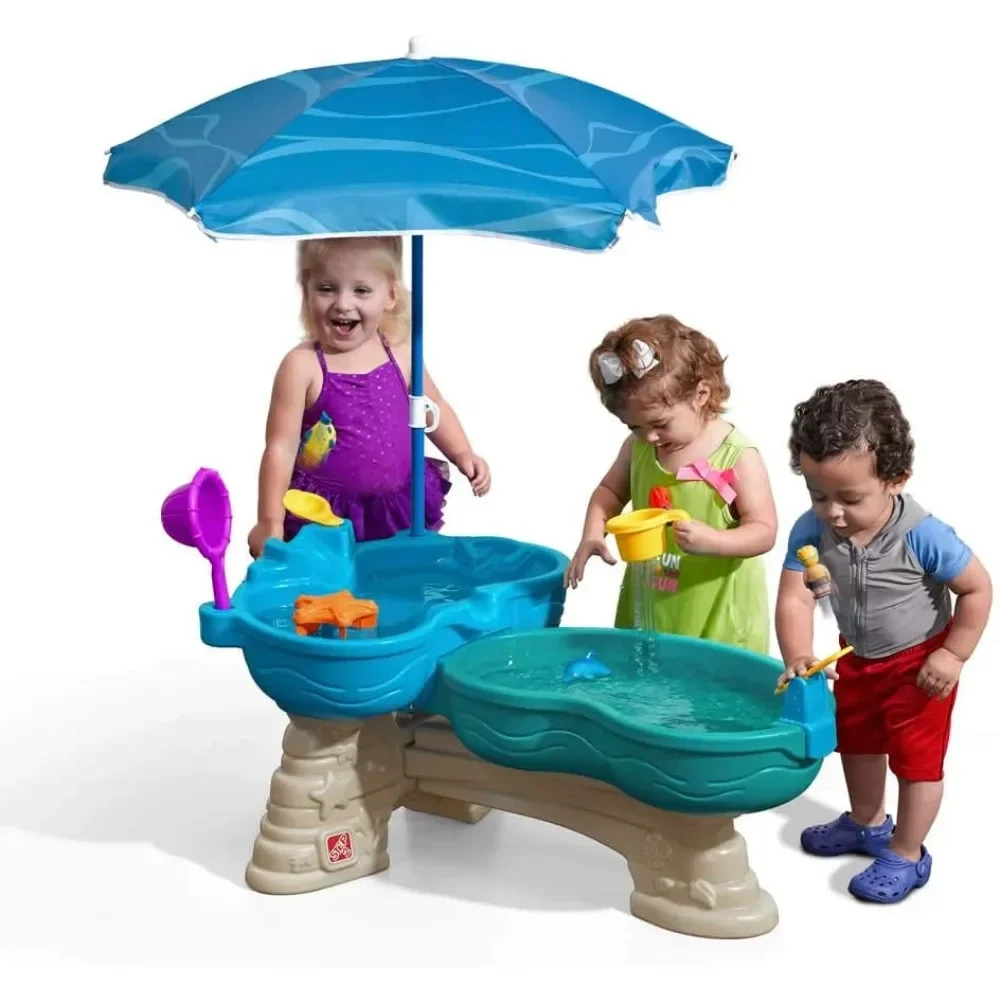 

%a Water Table for Kids, Two-Tier Outdoor Kids Water Sensory Table with Umbrella, 11 Piece Water Toy Accessories, Toy Gift for