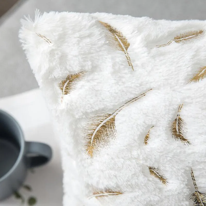 Bronzing Feather Pillow Case Plush Cushion Cover Decor Throw Pillowcase For Seat Sofa Bed Office Home Decoration 43*43cm