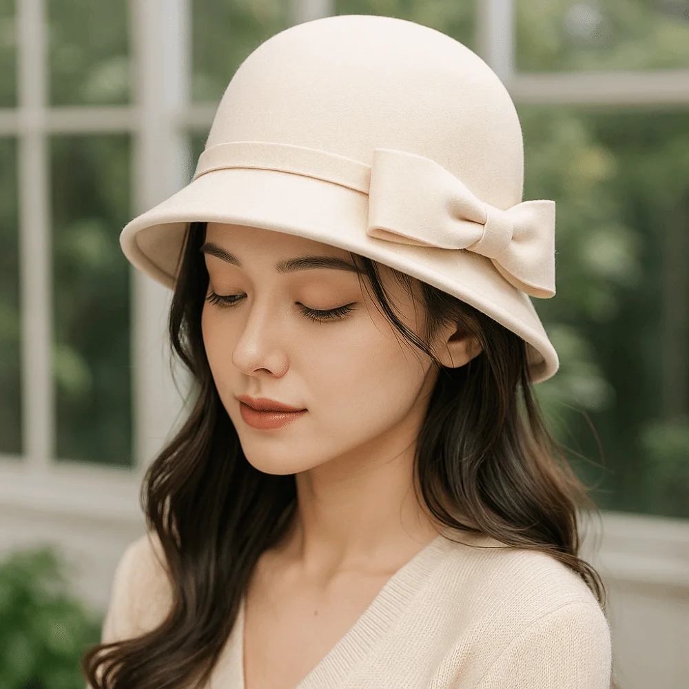 

Simple Solid Color Bow Topper Hat French Style Flat-top Women Fisherman Hat Keep Warm Black Woolen Bucket Hat Lady