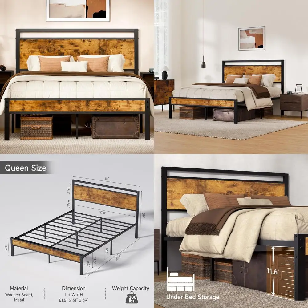 Modern Wood Queen Bed Frame with Headboard and Footboard, Heavy Duty Metal, Sturdy and Stable Platform Bed for Queen Size, Upgra