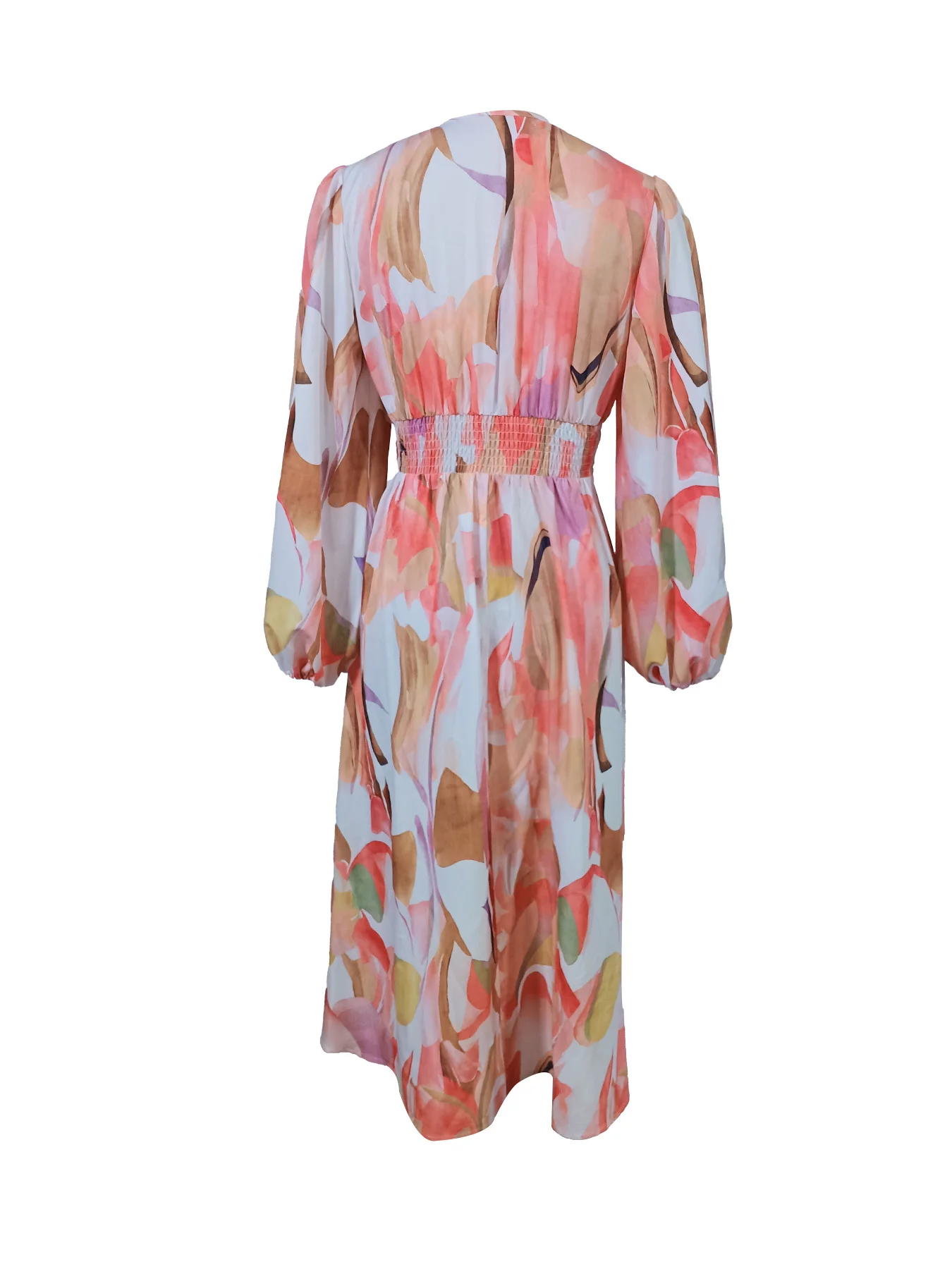 Bunte Kleider für Damen, Frühling und Sommer, abstrakter Kunstdruck, tiefer V-Ausschnitt, Puffärmel, gesmokte Taille, Midi-Urlaubskleid
