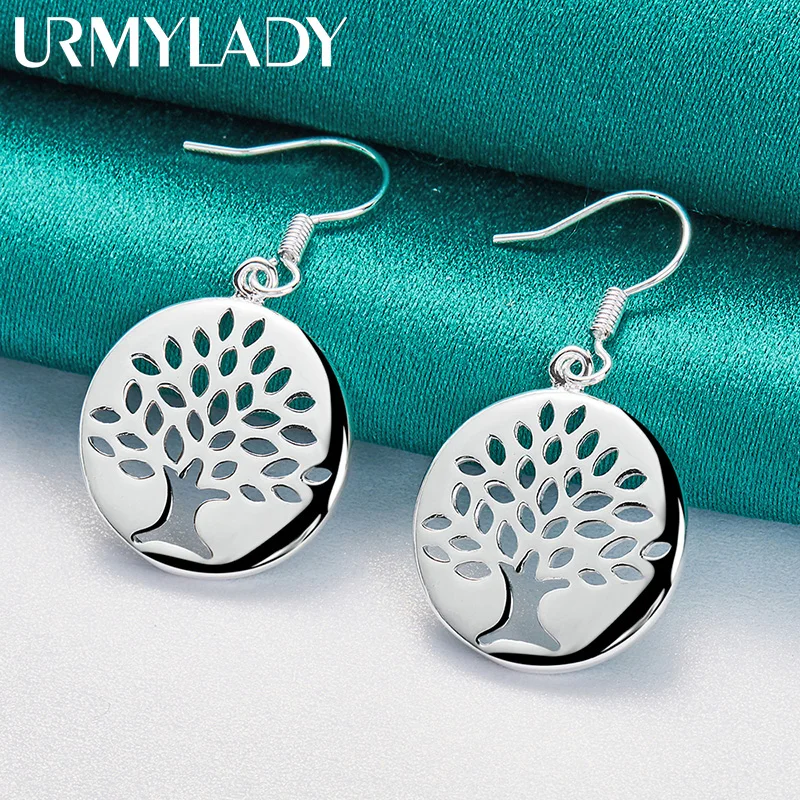 

URMYLADY 925 Sterling Silver Round Hollow Tree Of Life Earrings for Women Wedding Fashion Charm Jewelry