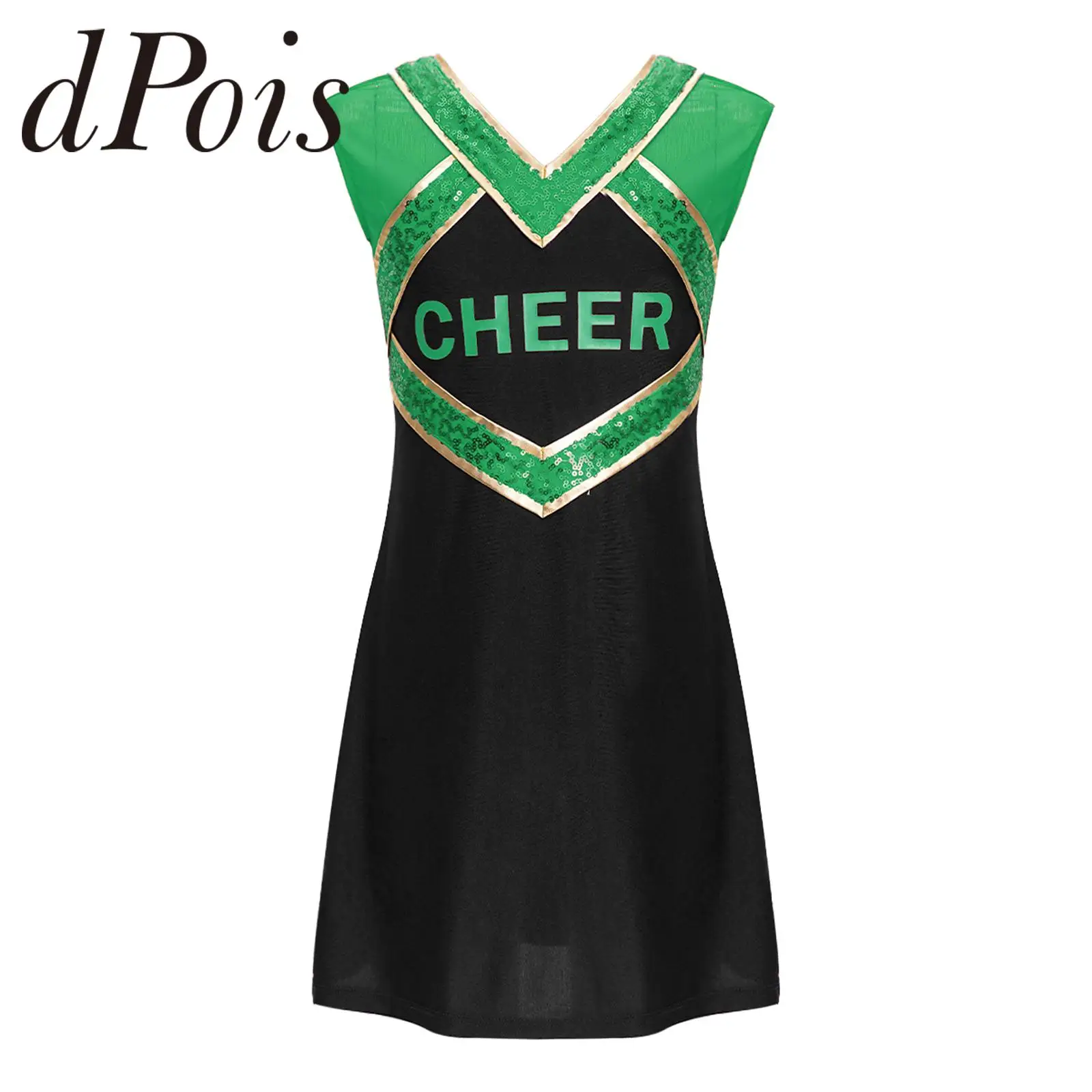 

Kids Girls Cheerleading Uniforms Schoolgirl Cosplay Cheerleader Dance Costume Children Shiny Sequins Patchwork Sleeveless Dress