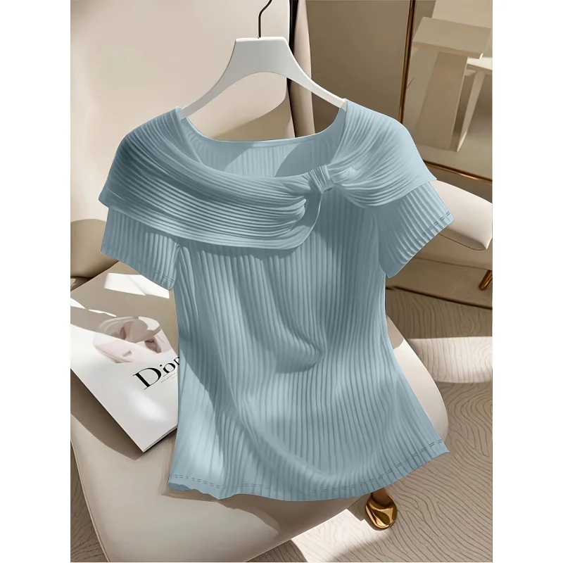 

Women's Elegant Petal Lapel Short Sleeve-Shirt with Ruffle Cut Fashionable Shirt Top