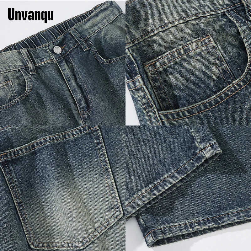 Unvanqu Heavy Washed Men\'s Jeans Simple Loose Straight Denim Trousers 2024 Spring Fashion Street Casual Versatile Work Pants