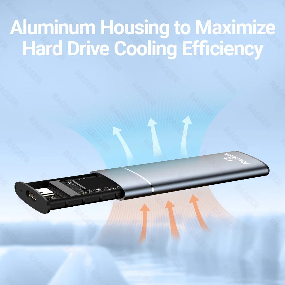 RAGEER Aluminium M.2 NVME SSD Mobiles Festplattengehäuse, USB 3.2 Gen 2 10 Gbit/s auf NVME M-Key/(B+M) Key SSD-Gehäuse, Push-Pull