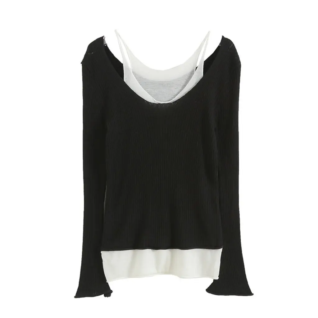 

Korean Foreign Trade chic Fashion Women's Slim-fit Knitted Base Top Fake Two-piece Clavicle Thin Women's Sweater