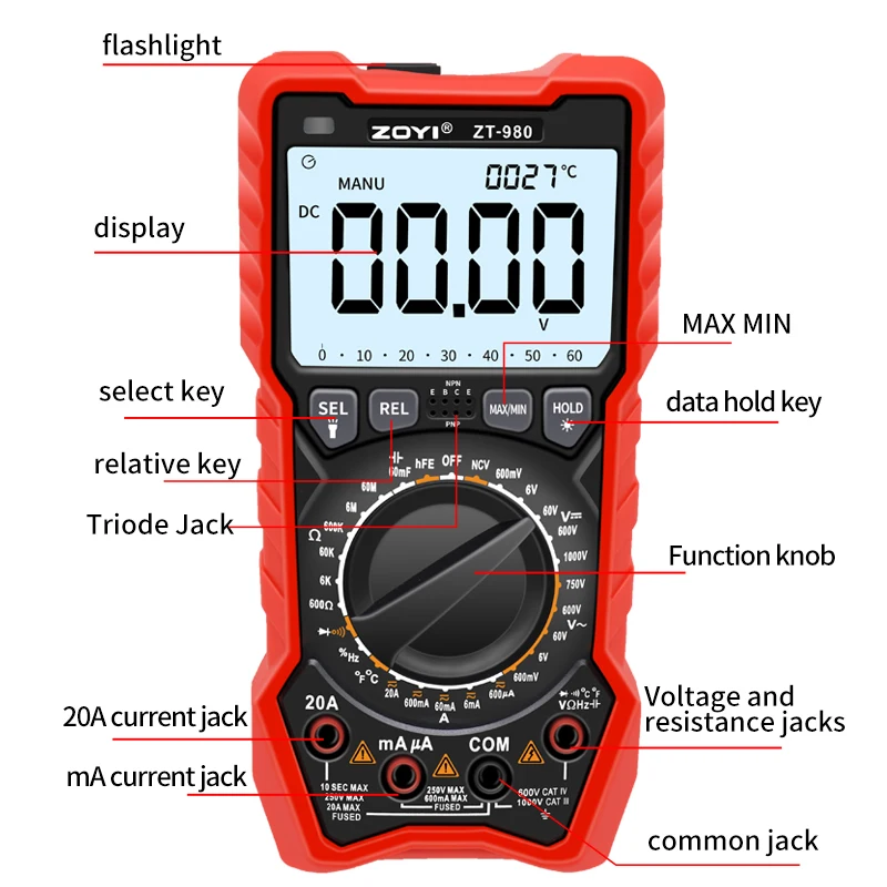 ZT-980 ZOYI profesjonalny multimetr cyfrowy Tester głosowania AC/DC detektor NCV tester rezystancji testomierz amperomierz pojemnościowy