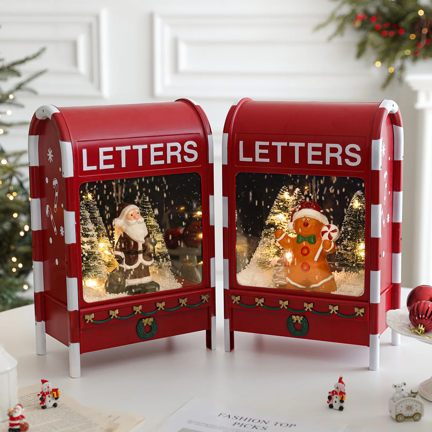 Christmas Mailbox American Style Cartoon Plastic Desktop Ornament Santa Claus Luminous Snowfall Music Box Festive Decorations