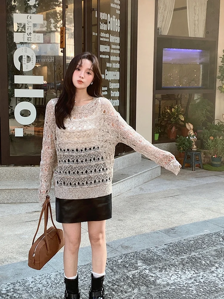 

French Sle Loose Fit Hollow out Overhead Soft Sculpture Top Polyester Blend Long Sve round Ne Single Piece Autumn Wear