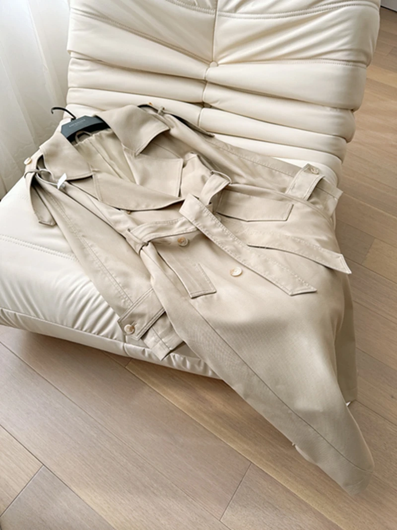 

Korean Sle Long Coat Casual Leisure Double Breasted Waist Cinched Collar Flip Fem Outerwear Spring Autumn Commute