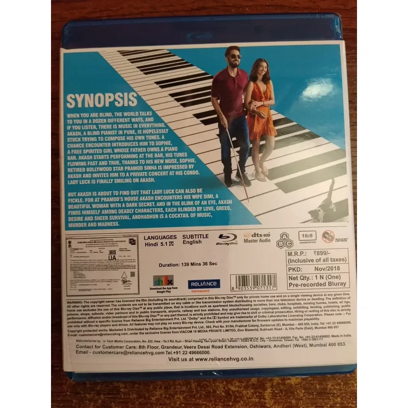 Indian Version Tuner Andhadhun High Definition Blu-ray Disc Movie