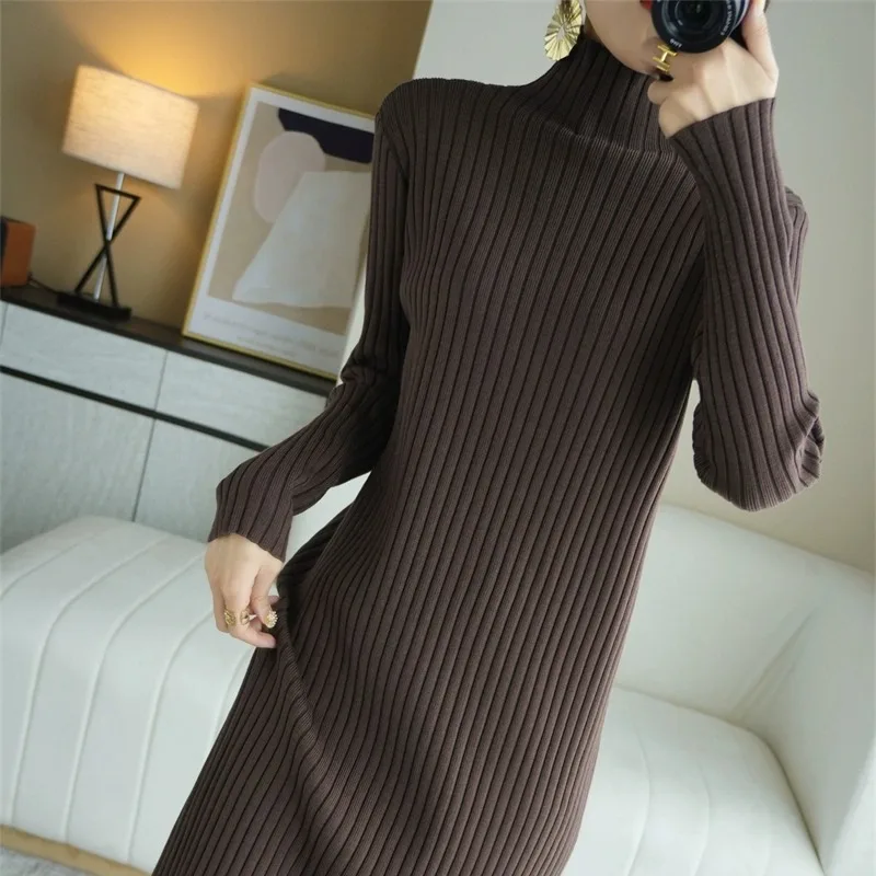2025 novo outono inverno vestido de gola alta camada interna vestido de manga comprida cor sólida solto meados de comprimento tricô camisola vestido cq306