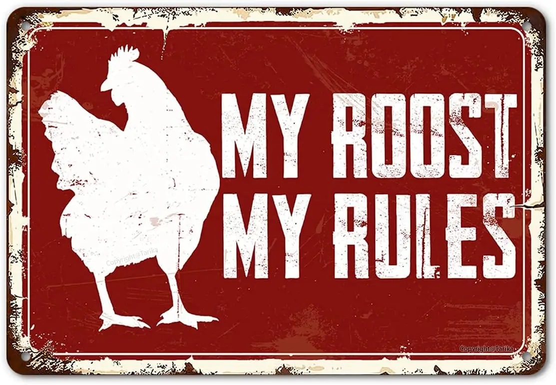 My Roost My Rules Tin Sign Funny Vintage Metal Decor, Hen House Coop Accessories Rustic Kitchen Wall Art Plaque  Country Home