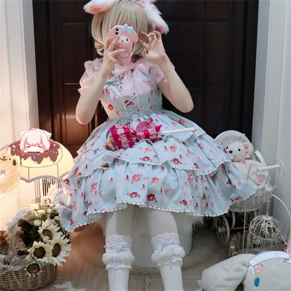 Summer Girls Cute Flower Printing Cake Vestidos Lolita Dress Sweet Girls Tea Party High Waist Princess Bowknot Cos Lolita Jsk