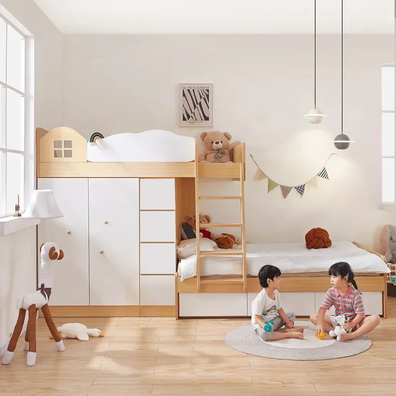 Staggered Upper and Lower Beds with Wardrobe for Children Dislocation Type High Low Bunk Bed Small Apartment Child and Mother