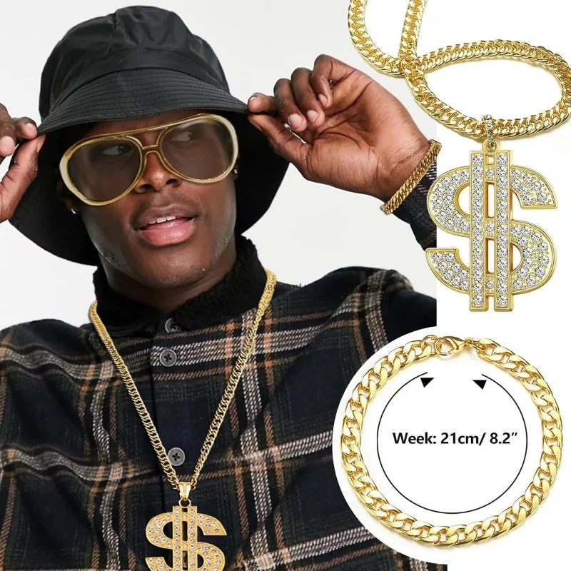 Zestaw kostiumów hip-hopowych z lat 90. i lat 80. dla mężczyzn, stroje na imprezę rapera, akcesoria