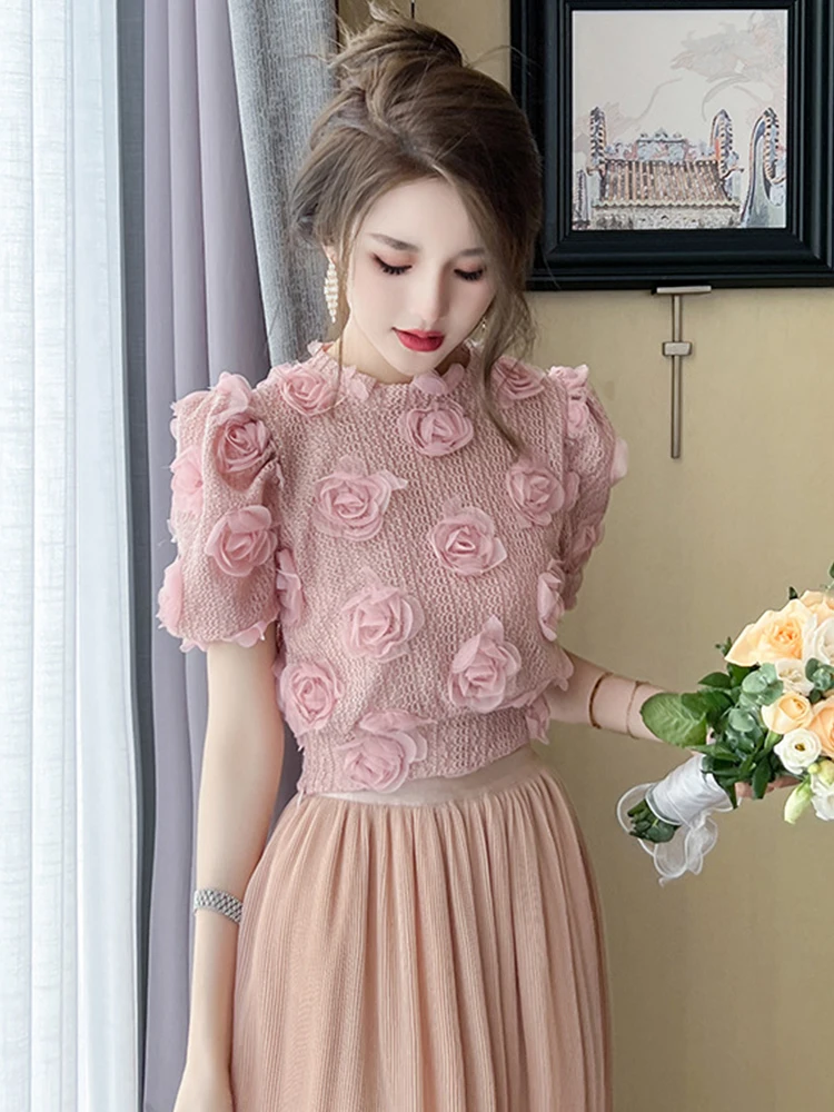 Fashion Summer Chic Fairy Floral Short Sweater Women Mujer Knitted Short Sleeve Cropped Tops Bottoming Stretchy Pullover Jumper