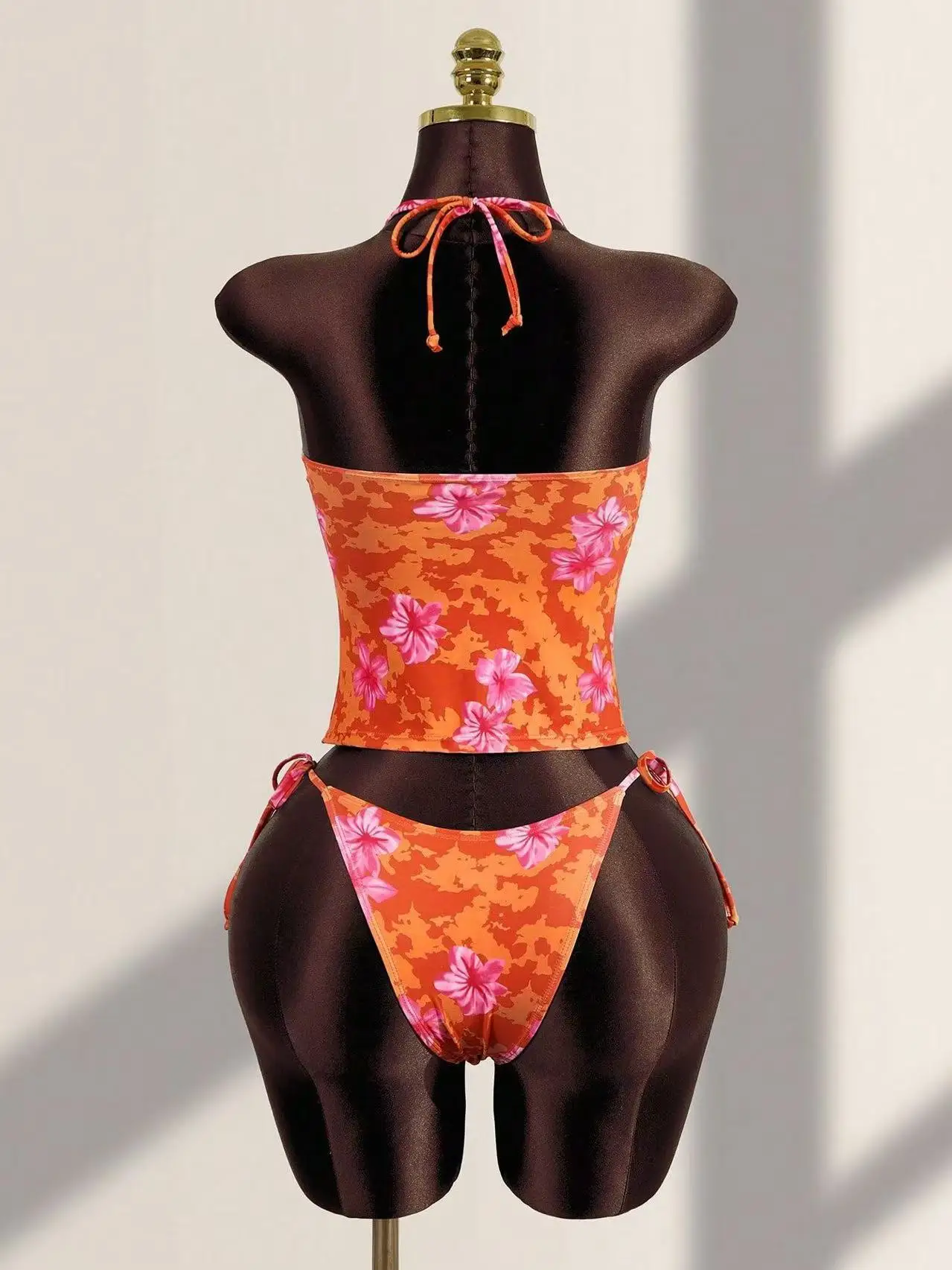 Women's Beach Vacation Swimsuit Orange Embellished Tropical Flower Print Lace Trim Halter Neck Tie Side 2 Piece Bikini Set 2026 - Image 4