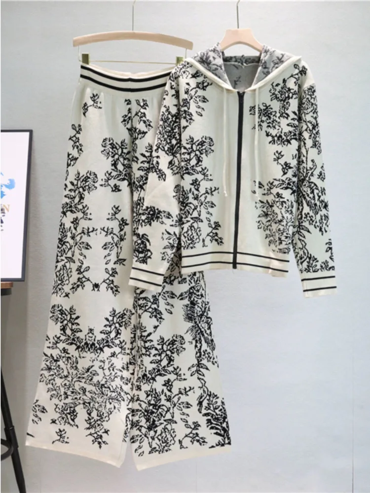 Korean Jacquard Design 2 Piece Sets Women Knitted Zipper Hooded Sweatshirt Tops Trendy High Waist Knitwear Sweatpants Outfit