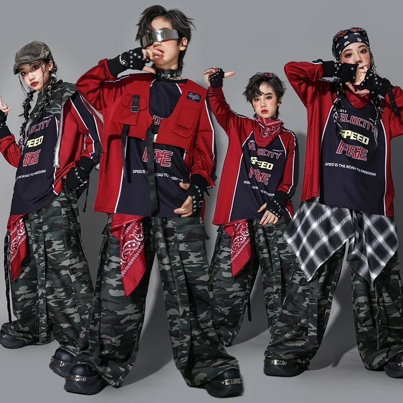 

Детская одежда для уличных танцев, наряд для танцевального шоу в стиле хип-хоп, черный, красный топ, брюки-ташины, детский костюм для джазового сценического выступления AMY2539