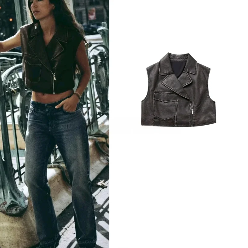 

Summer New Women's Design Collarl Svel PU Leather ort Vest 2949229 Faionable Commute Sle Zipper Closure ...