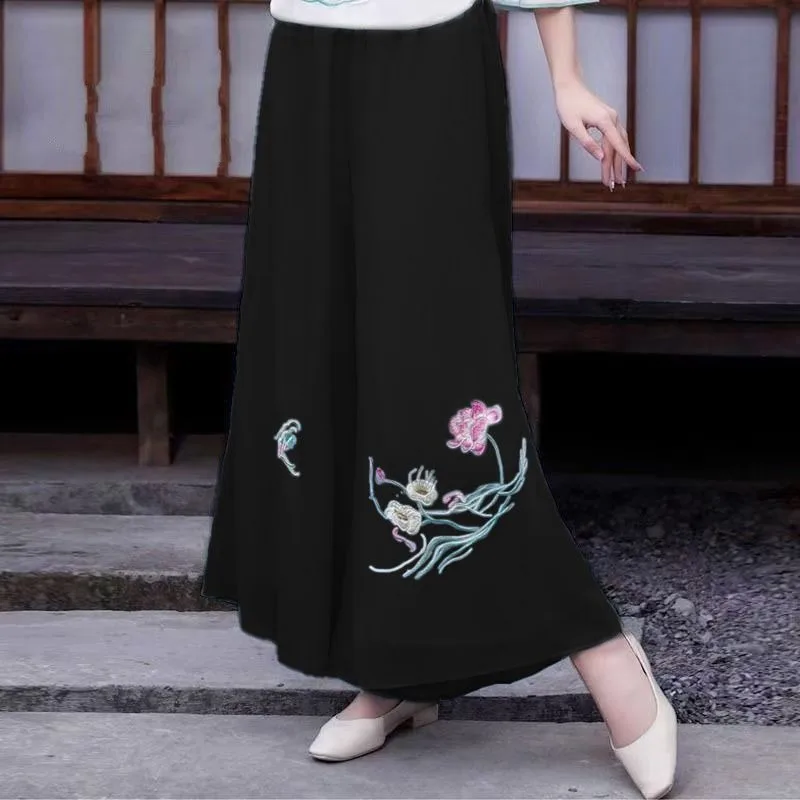 New Chinese Double Layer Guofeng Pants Wide Leg Pants Summer Thin Embroidered Chiffon Wide Leg Pants