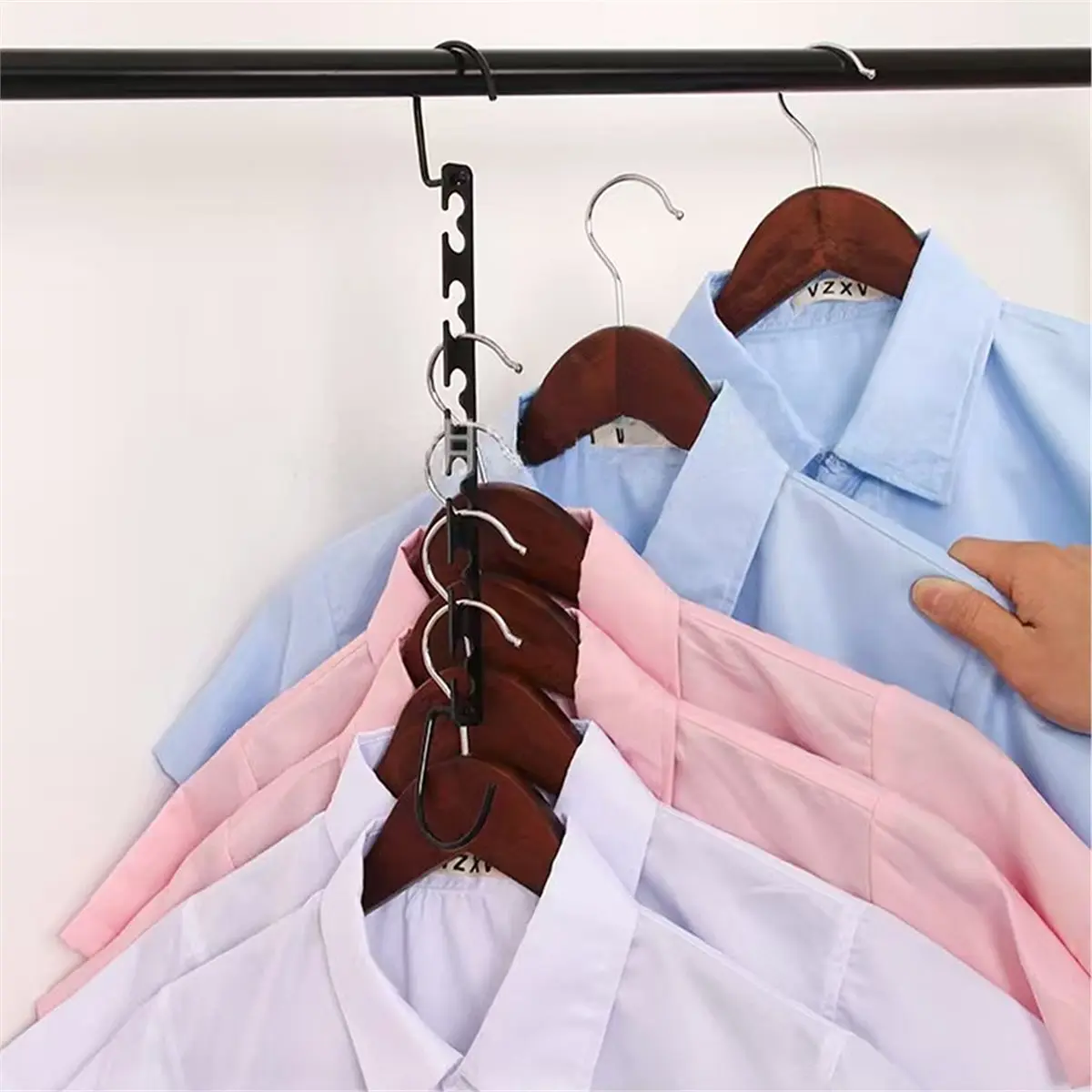 

Компактная вешалка, многофункциональный металлический органайзер для шкафа с 6 крючками для брюк, шарф, галстук, волшебная вешалка для гардероба, держатель